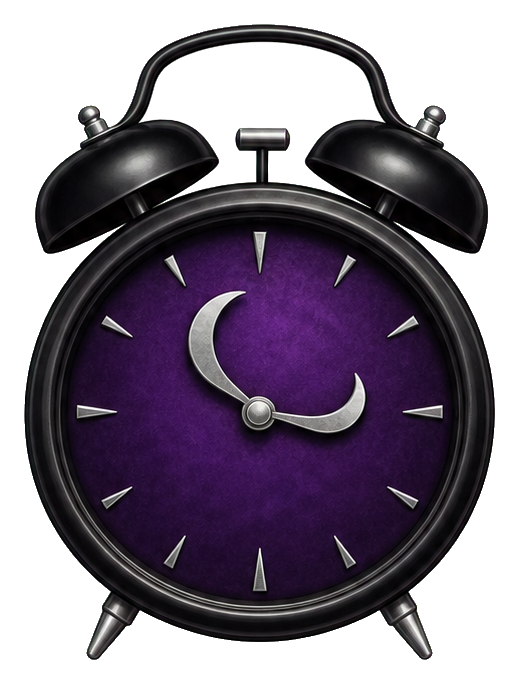 Black alarm clock with a purple moon face and crescent hands on a dark background
