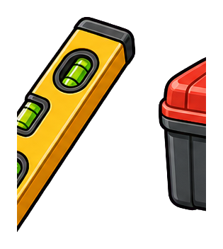 Yellow bubble level with green vials beside part of a red and black tool container.