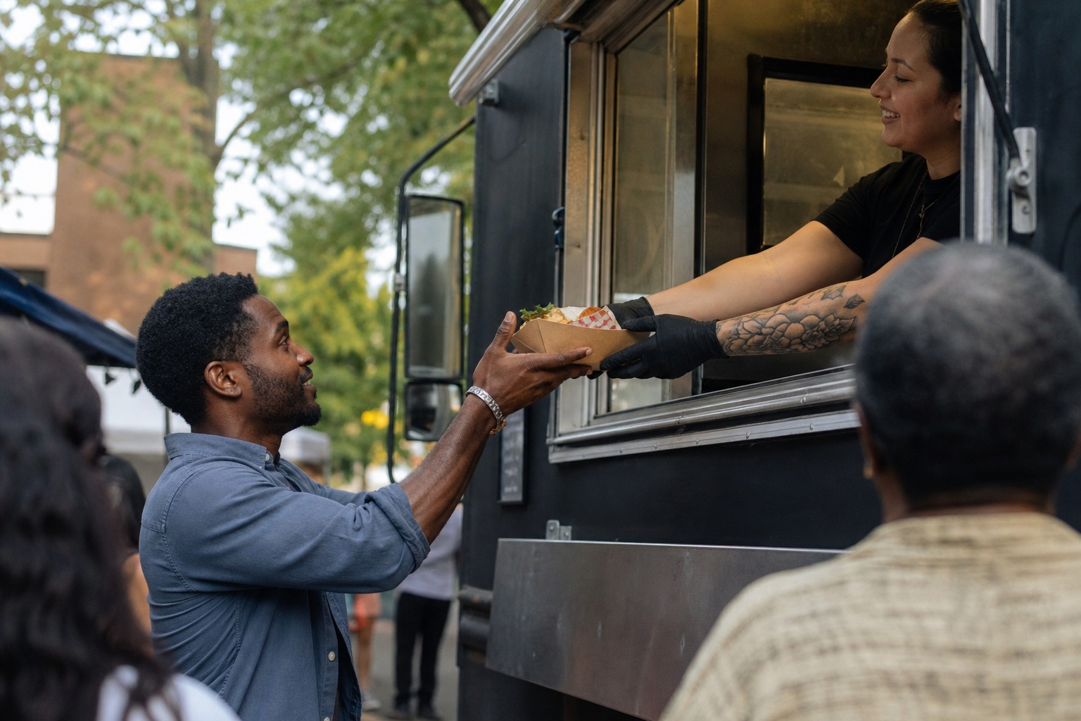 People waiting at a food truck while a server hands out a paper tray.
