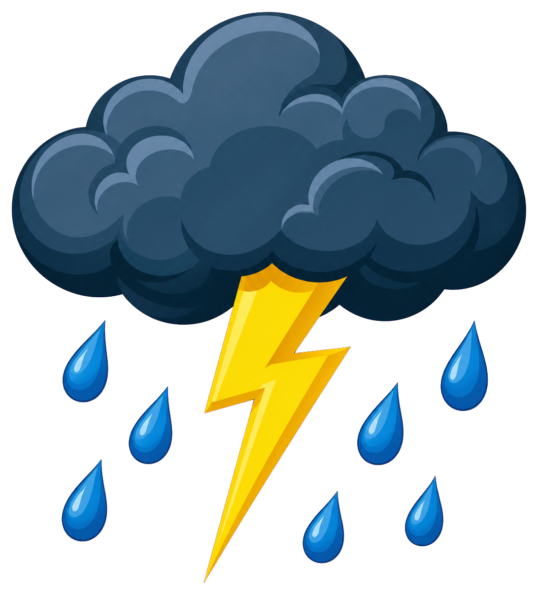 Dark storm cloud with yellow lightning bolt and blue raindrops