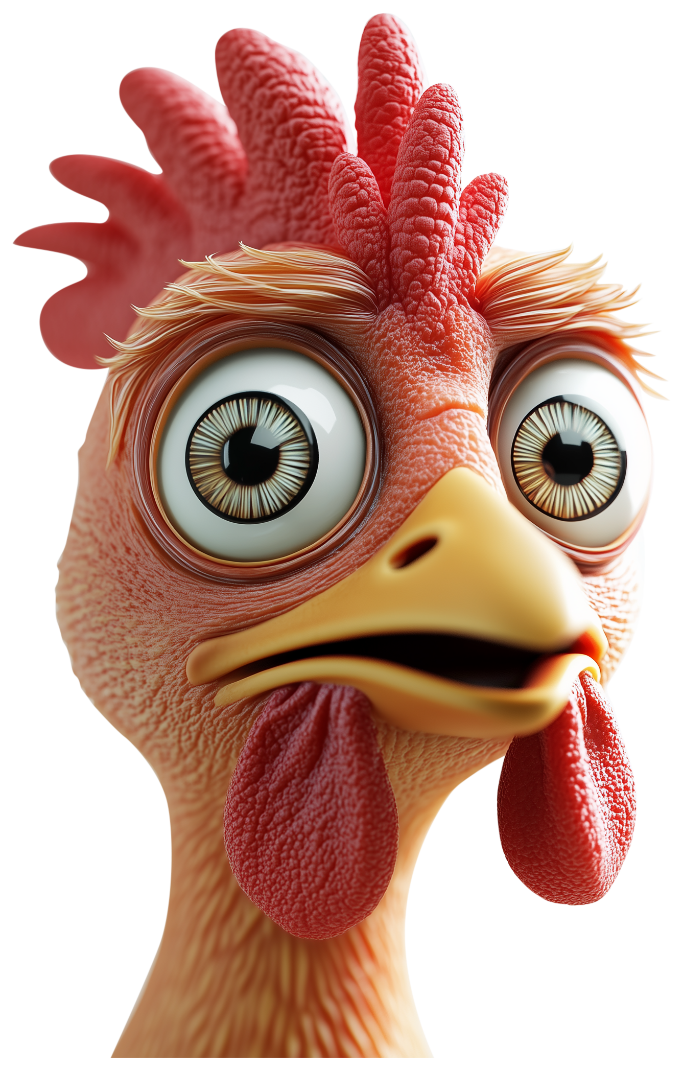 A surprised cartoon chicken head with large eyes and a yellow beak.