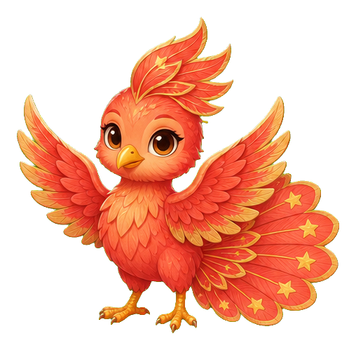 A cute orange-red chibi phoenix hatchling with spread wings and star details on its tail