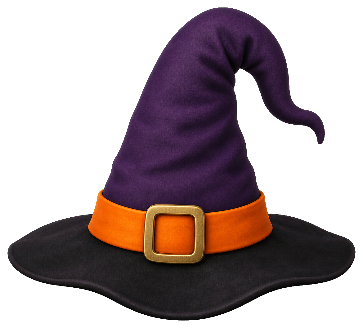 Purple witch hat with a black brim and orange buckle band
