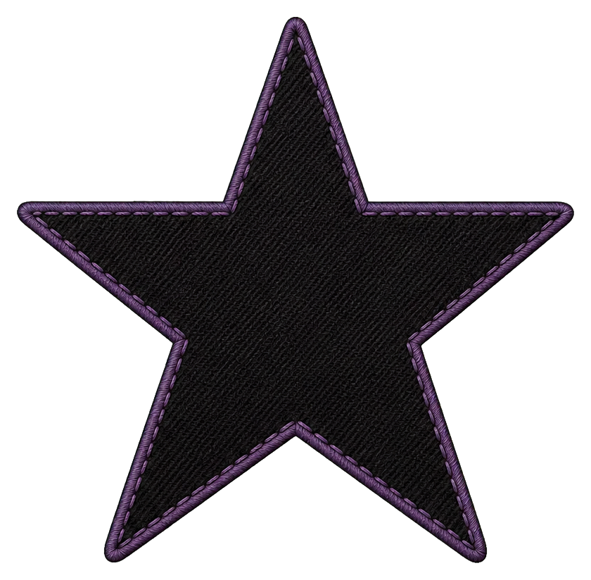 Black five-point star patch with a purple stitched outline.