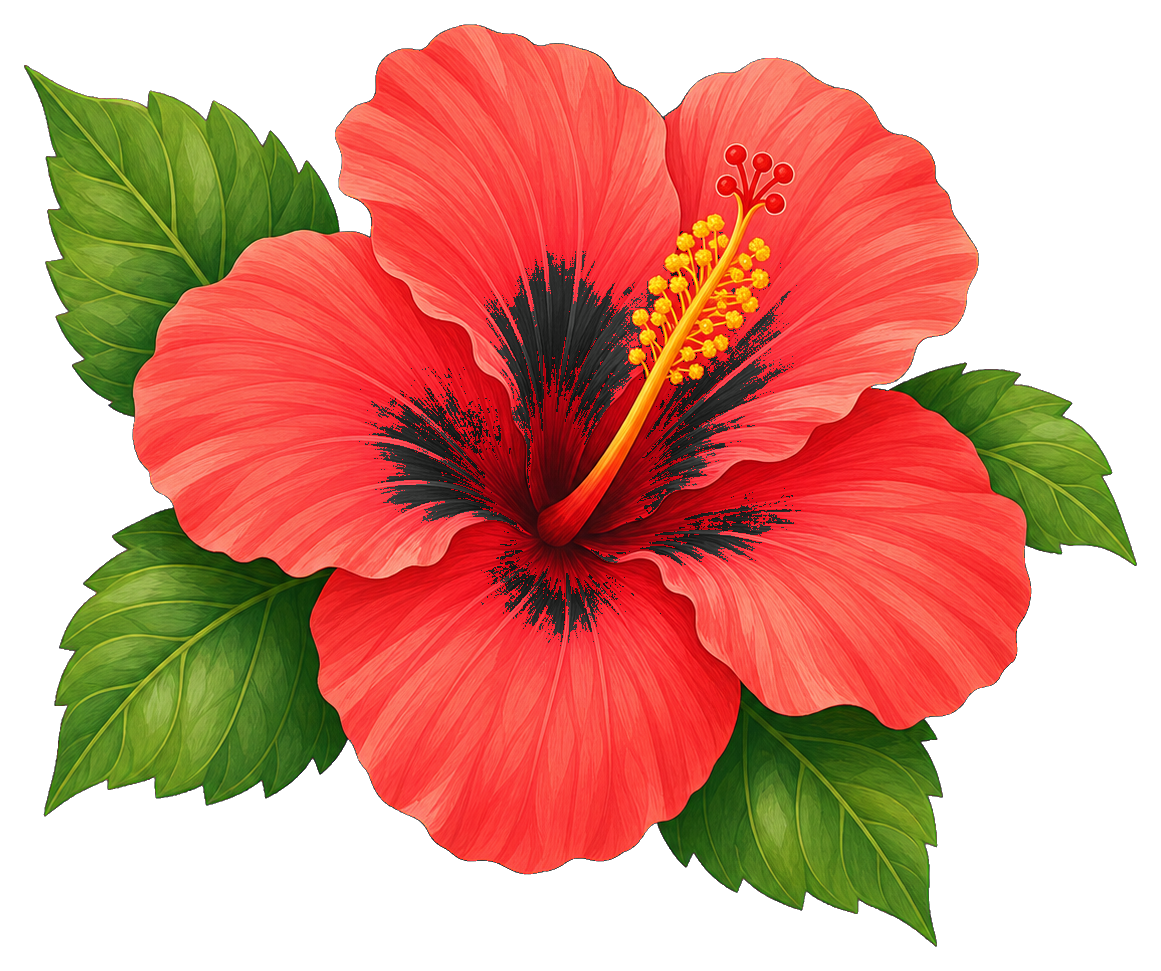 Red hibiscus flower with green leaves and yellow stamens