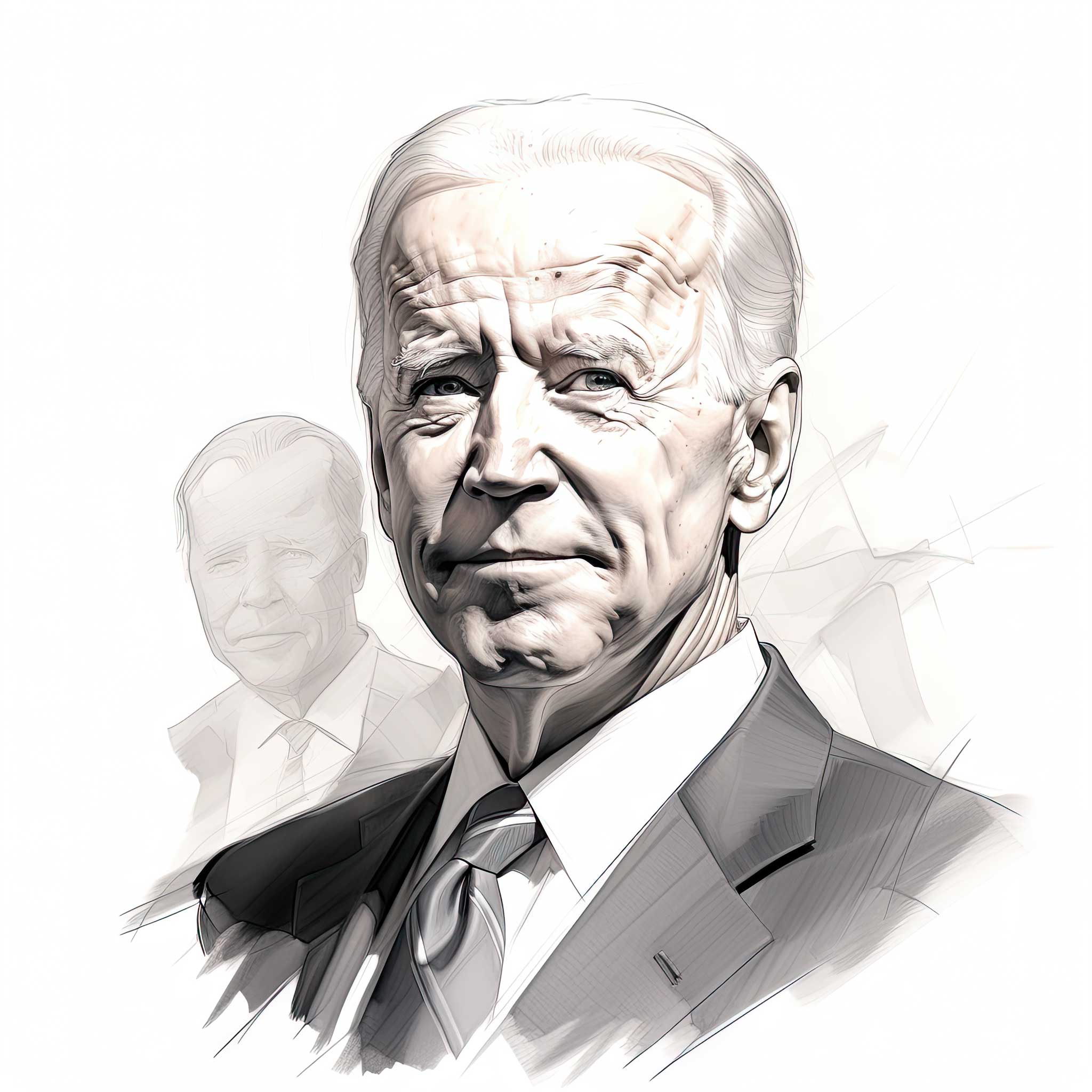 Sketch-style portrait of Joe Biden in a suit with a faint duplicate figure behind him
