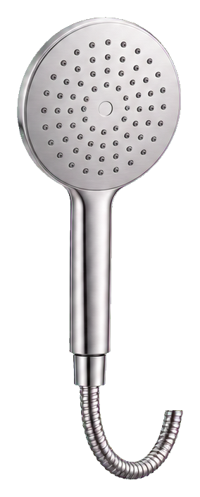 A realistic silver showerhead with a flexible hose on a transparent background.