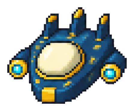 Navy blue pixel art space skiff with glowing side lights and a cream cockpit dome