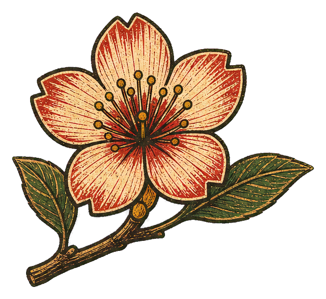 Woodblock-style cherry blossom branch with pink flower and green leaves