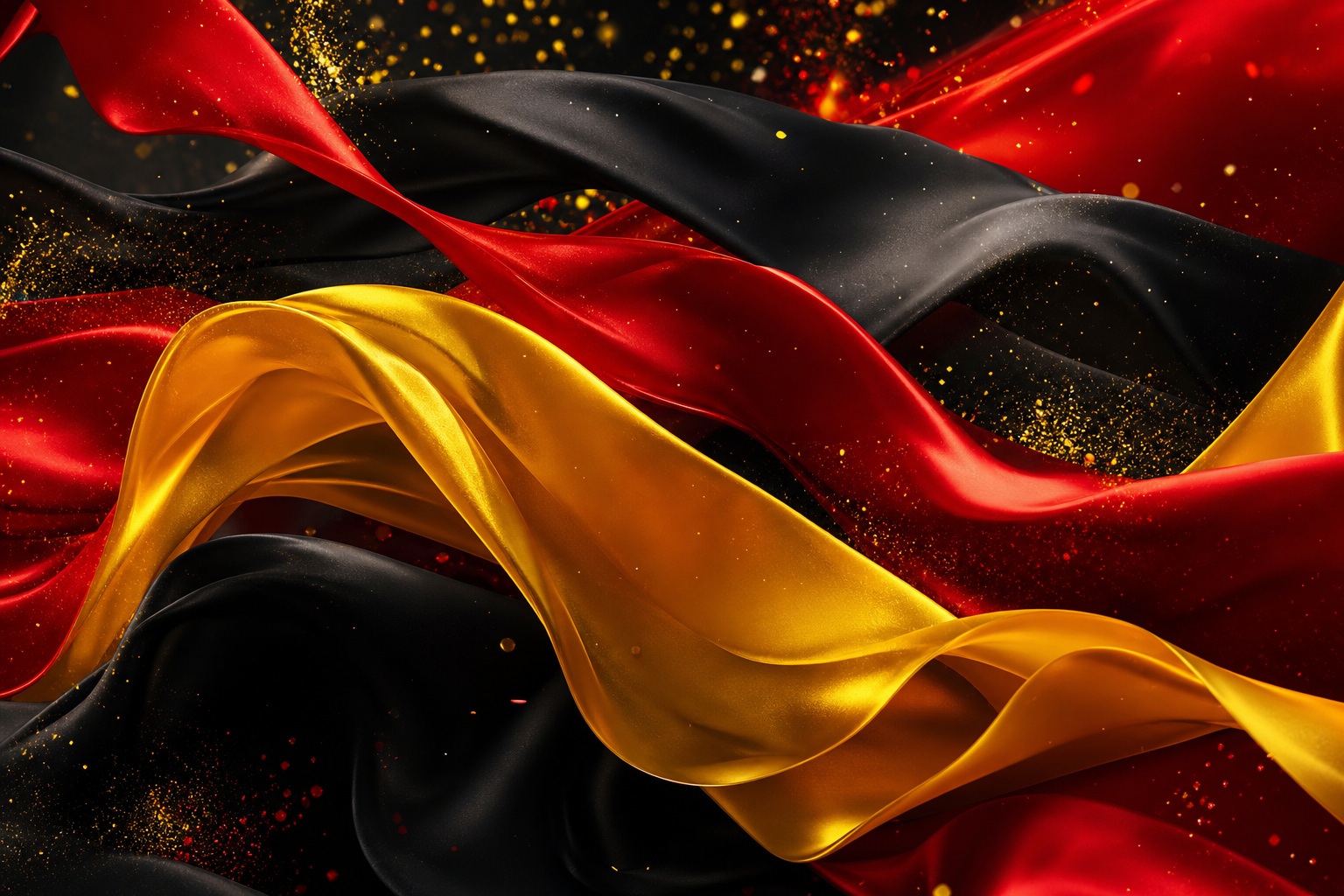 Flowing red, black, and gold fabric ribbons in an abstract celebration design