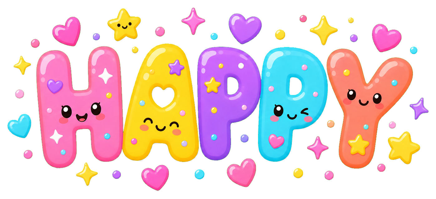 Colorful bubbly Happy word art sticker with cute faces on each letter