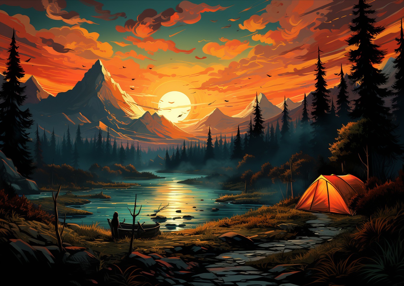 Preview for Camping Sunset Mountain Lake Background