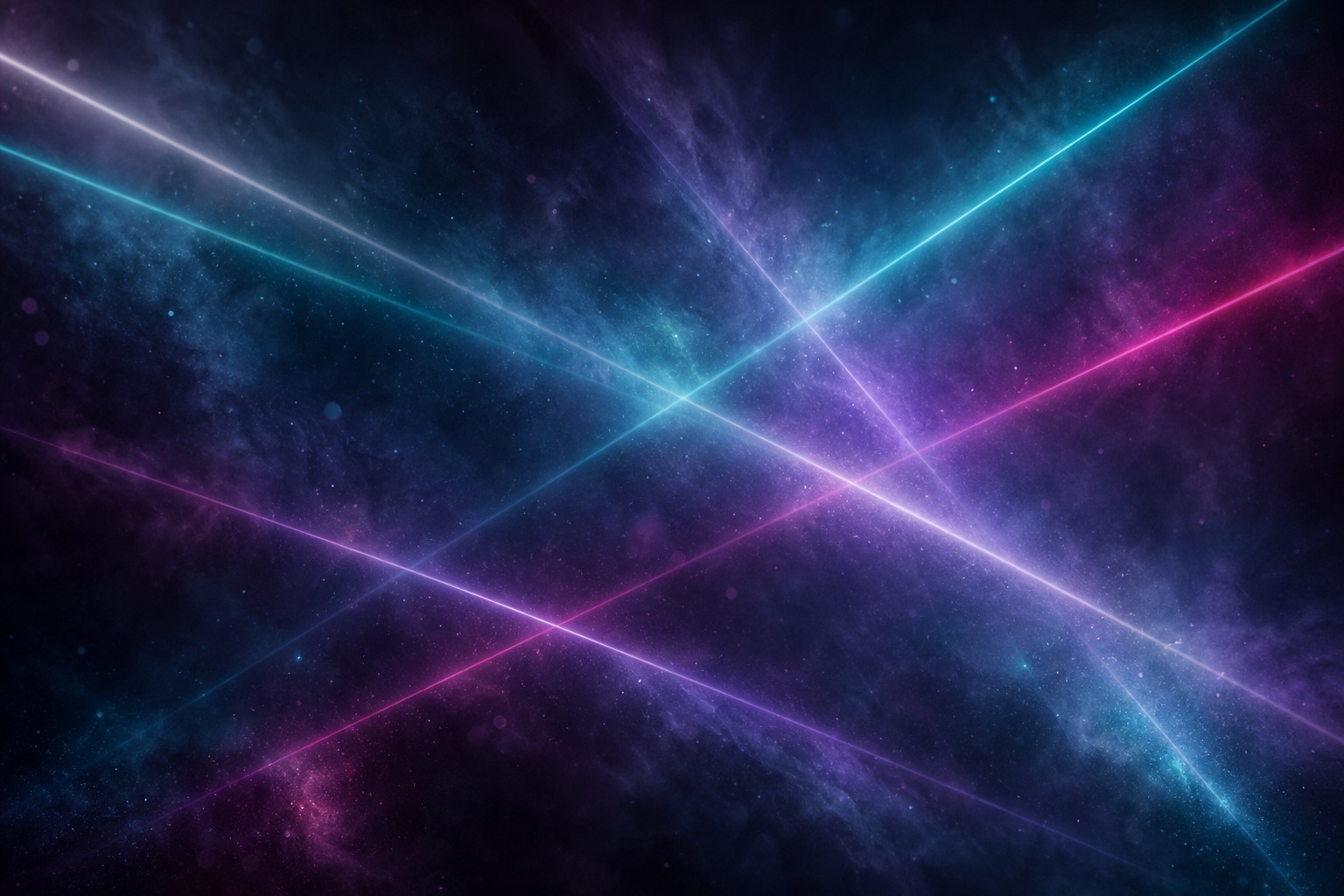 Crossing pink, blue, and white neon light beams on a dark abstract background