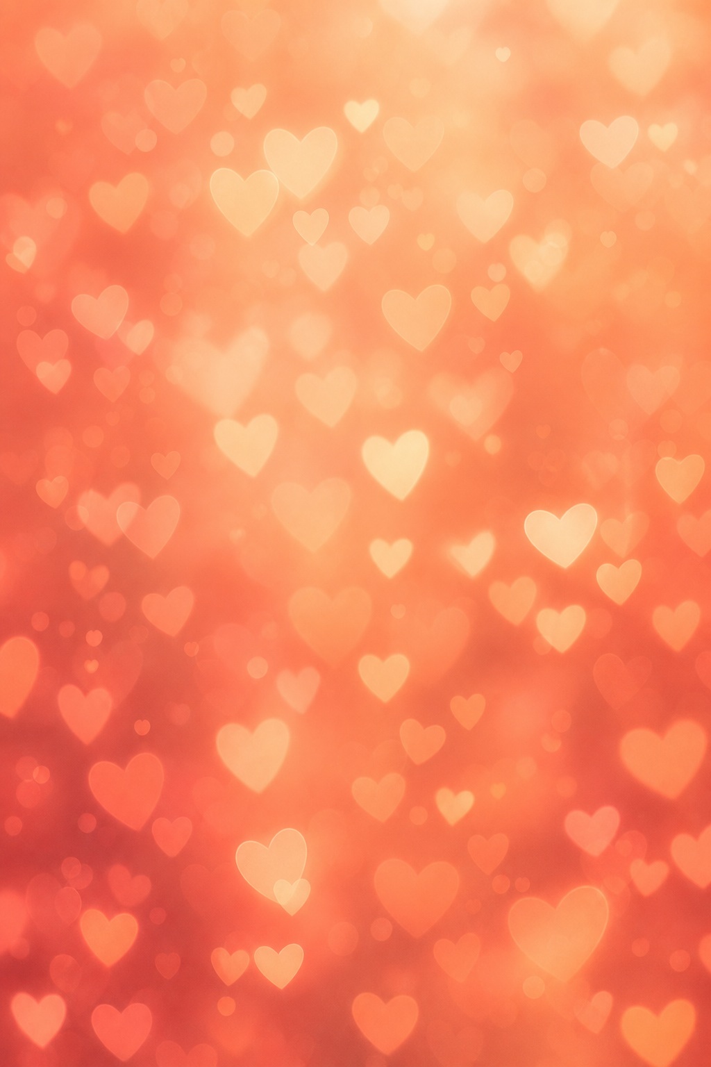 Vertical peach and pink heart bokeh lights on a soft romantic background