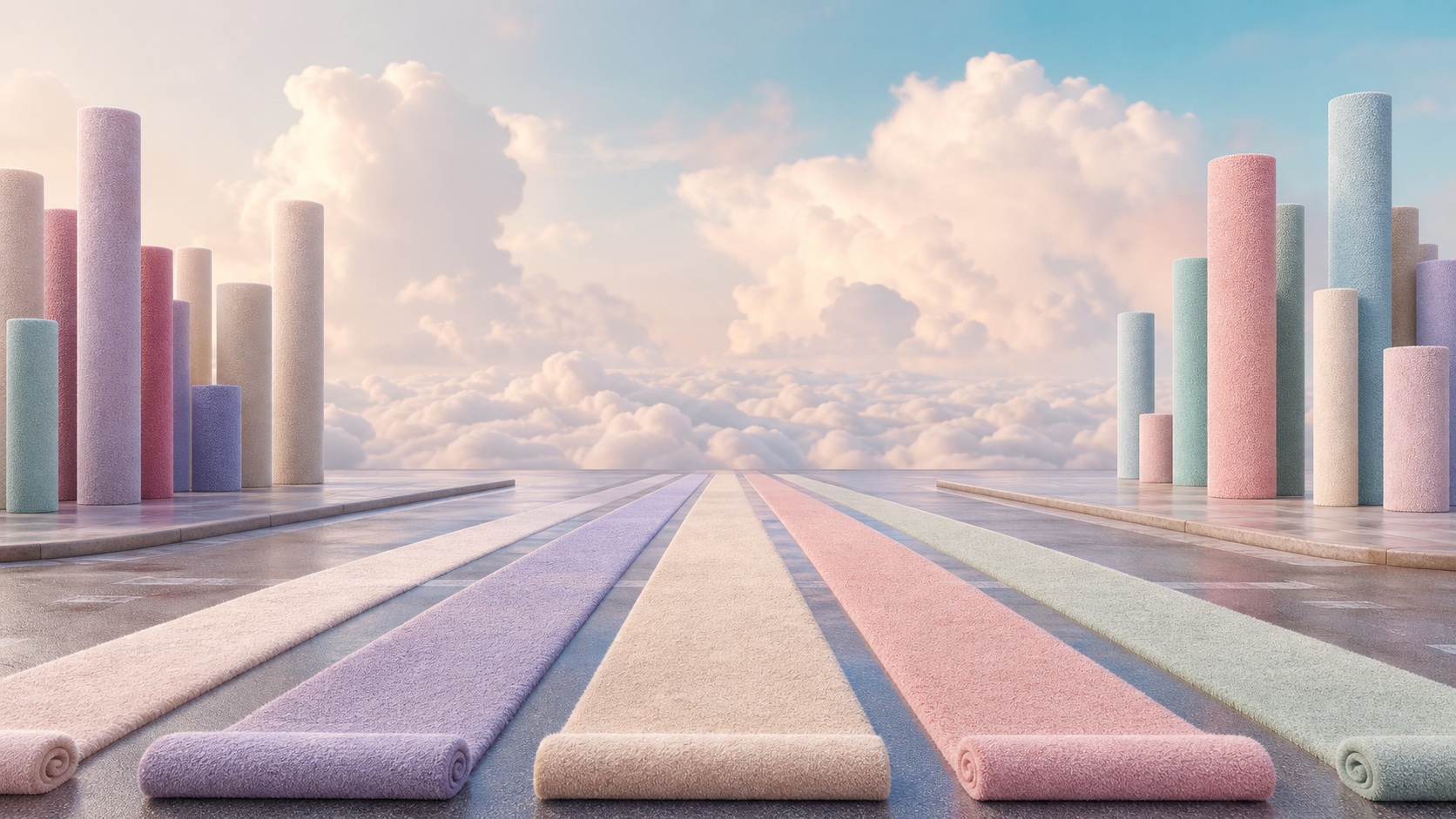 Pastel crosswalk stretching into a bright surreal landscape with tall columns and clouds.