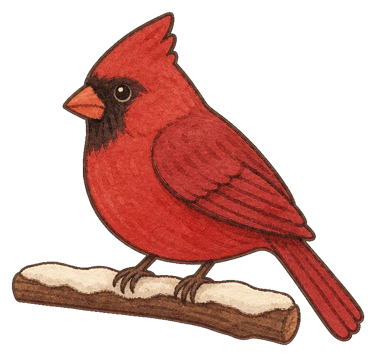 Red cardinal perched on a snowy branch in a cozy winter style
