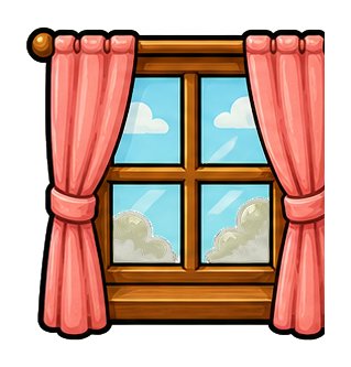 Small wooden window with pink curtains and a view of clouds and trees.