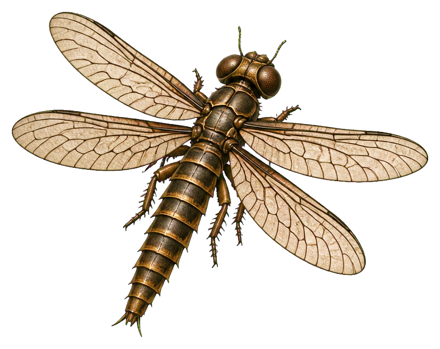 Illustrated giant griffinfly with long segmented body and four veined wings