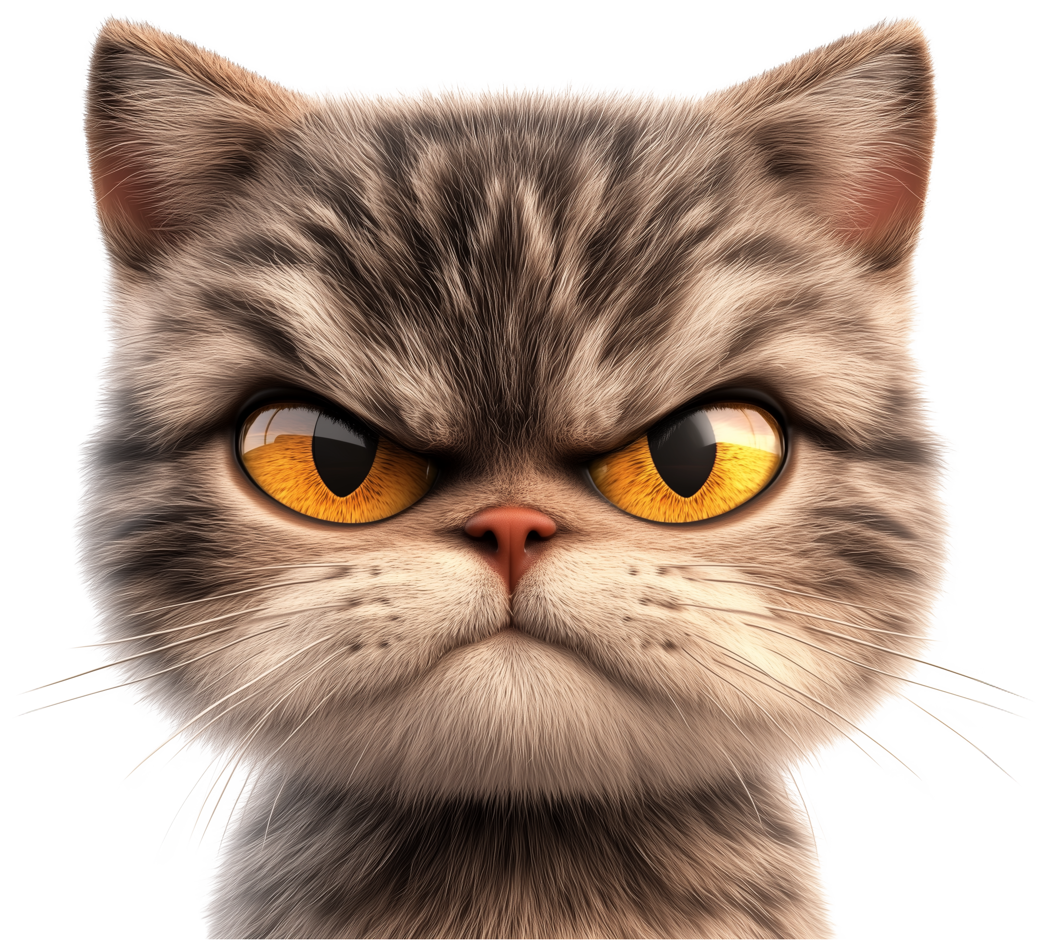 Grumpy-looking cartoon cat head with orange eyes and detailed fur
