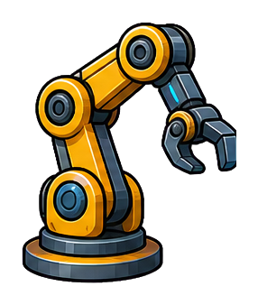 Yellow and black robotic arm sticker with a claw on a round base