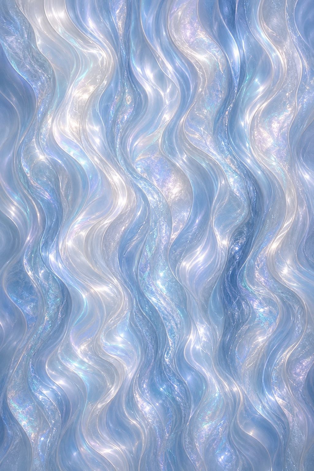 Soft iridescent waves with silver and pearl shimmer in an abstract pattern.