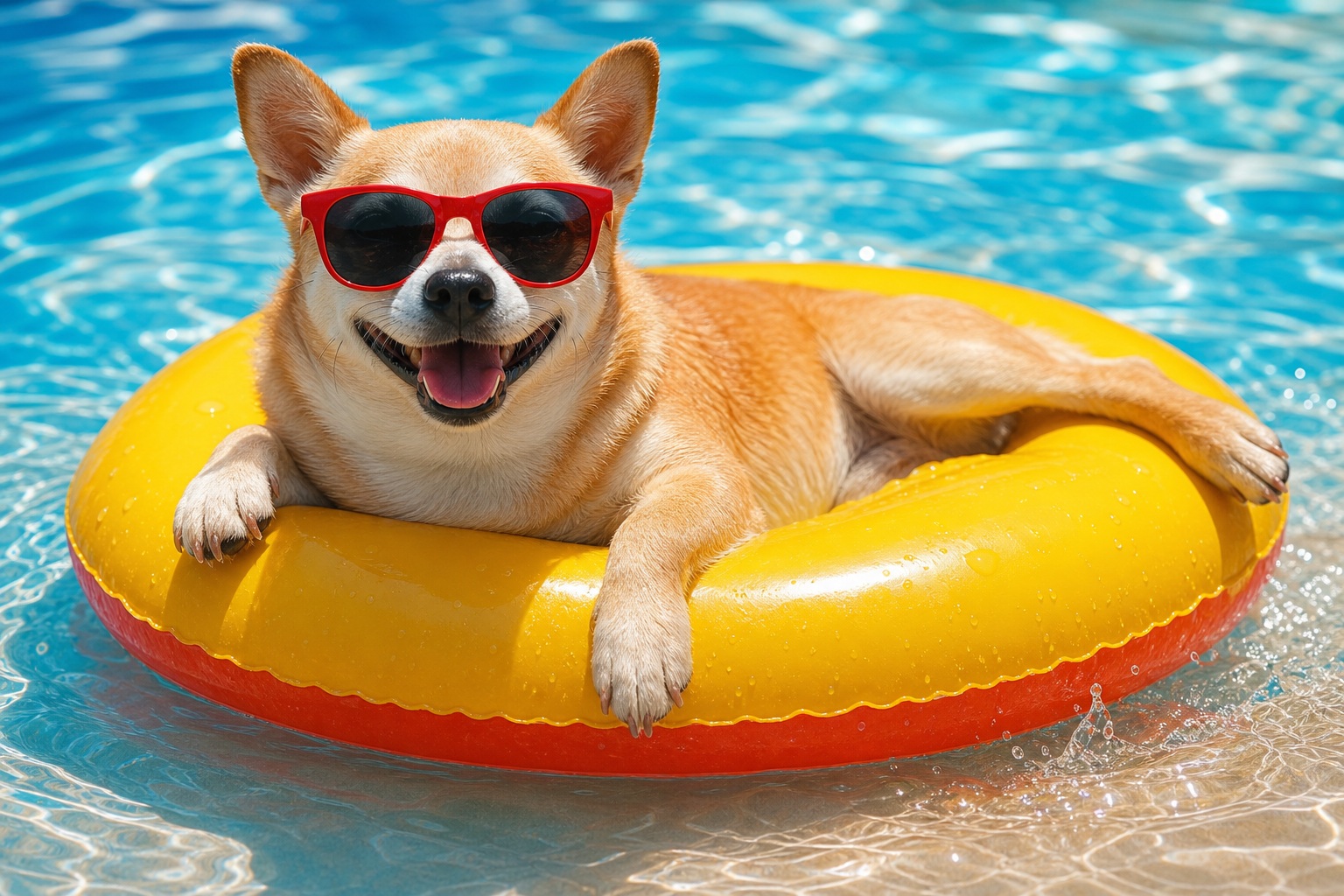 Happy dog wearing sunglasses relaxing on a yellow pool float in a blue swimming pool.