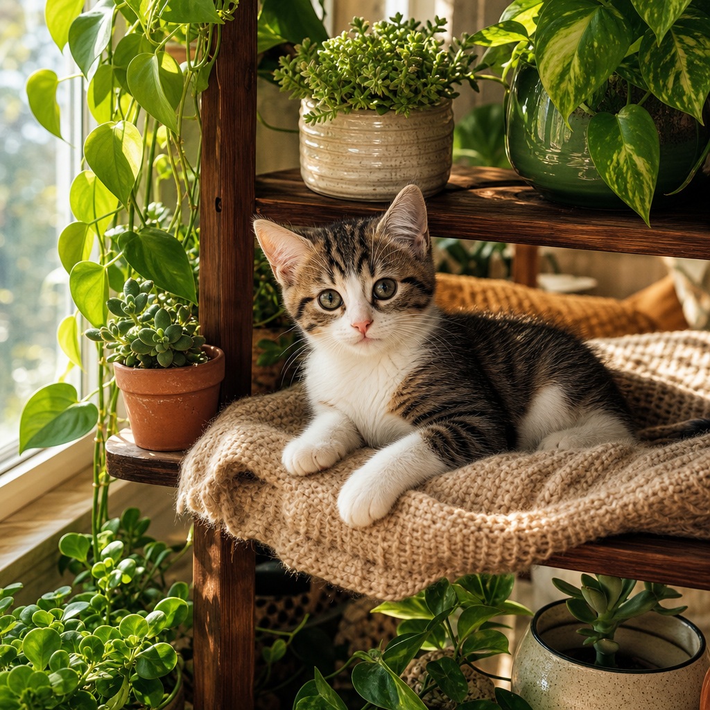 Tabby cat resting on a woven shelf beside potted plants in warm window light.