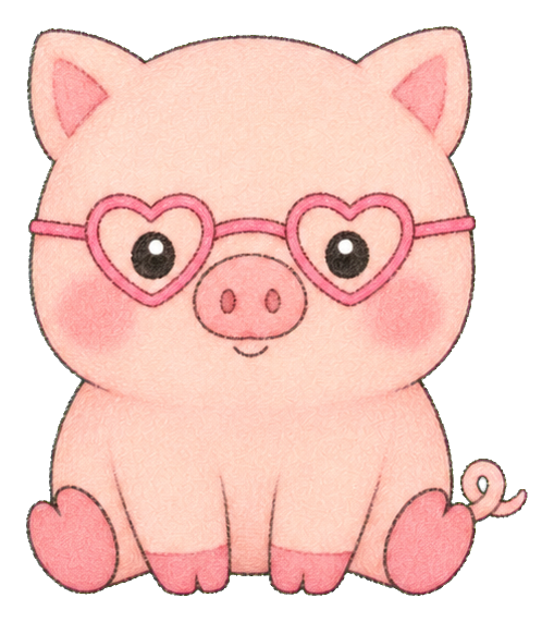 Cute pink pig wearing heart-shaped glasses and sitting with a smiling face.
