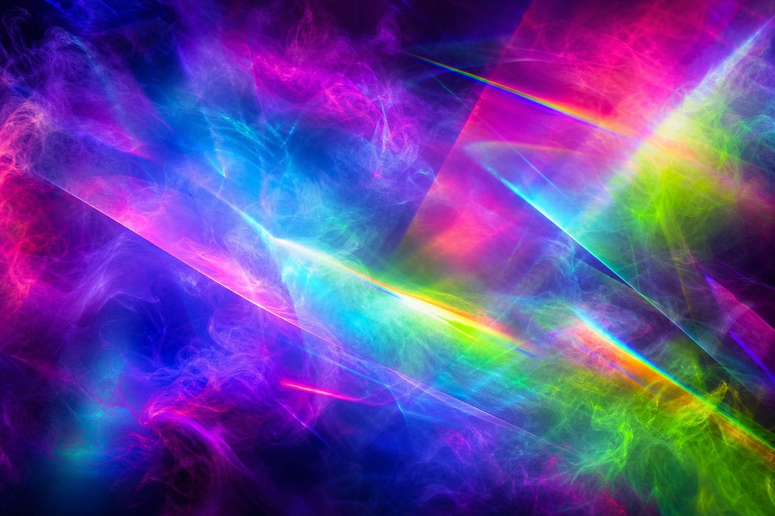 Abstract prismatic light streaks with cyan, magenta, and rainbow glow across a dark background.