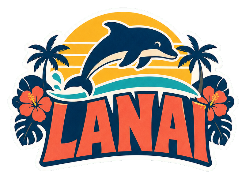 Retro Lanai sticker with a dolphin, palm trees, hibiscus flowers, and bold island lettering