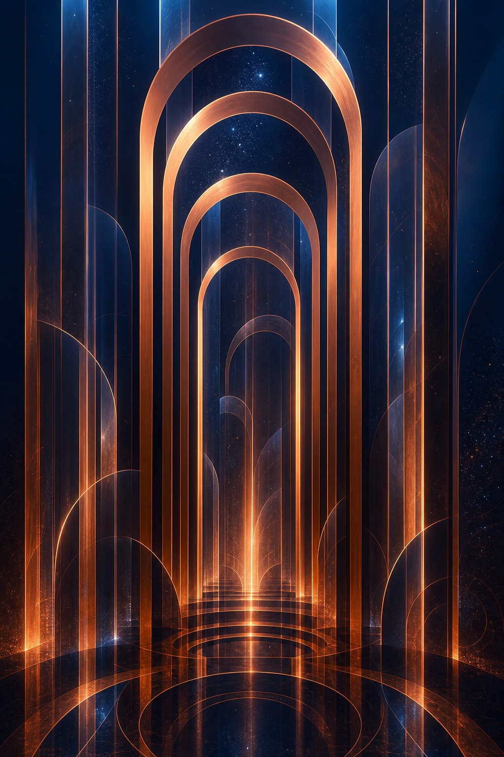 Glowing copper arches rising over a dark blue abstract geometric background