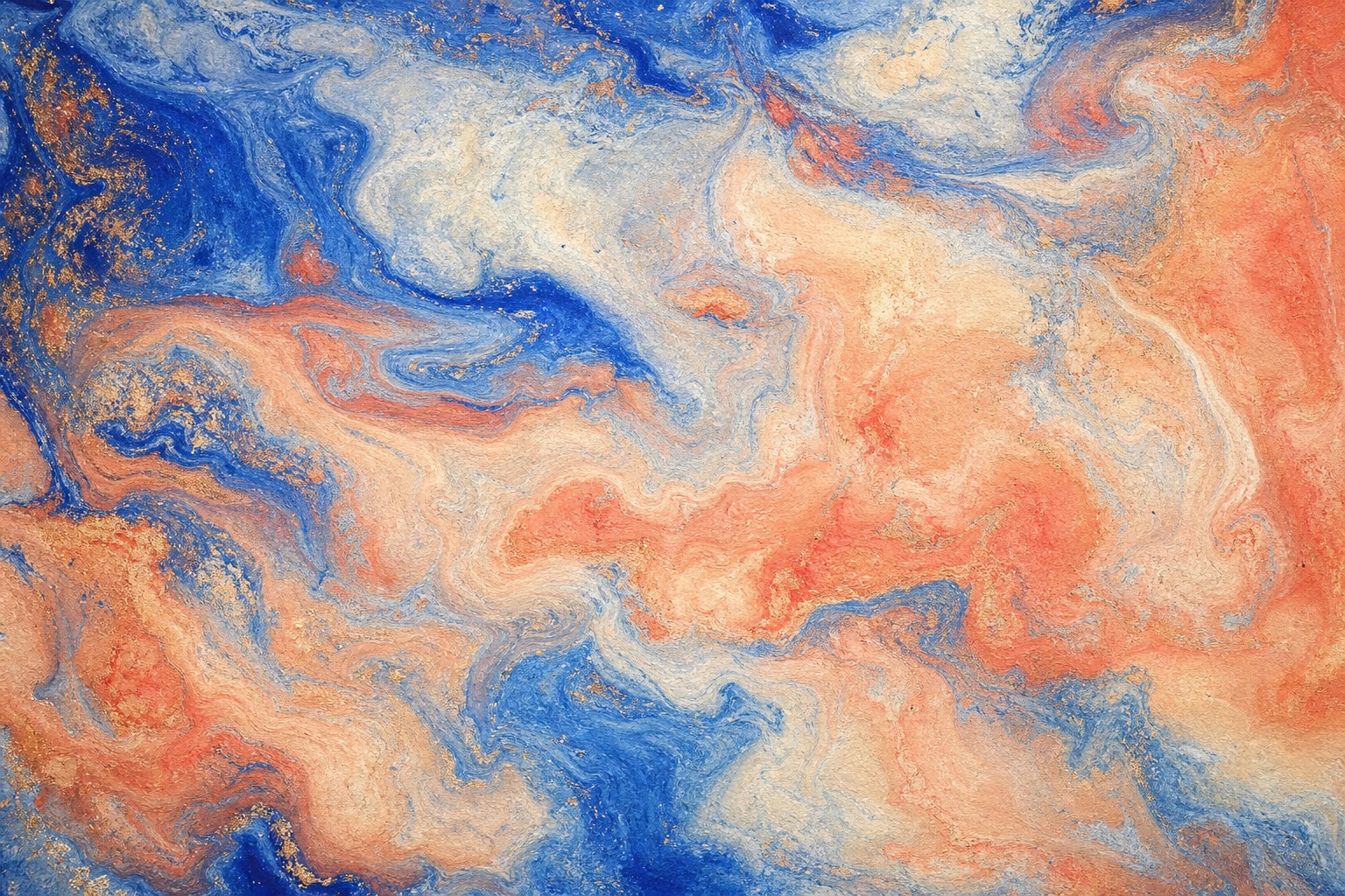 Blue, coral, and cream marbled paper texture with flowing abstract swirls