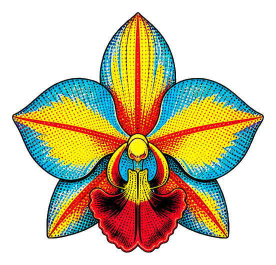Colorful retro halftone orchid flower sticker with bamboo-inspired petals