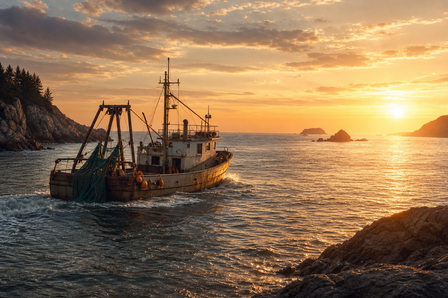 Fishing boat on calm water at sunset with glowing sky and rocky shoreline