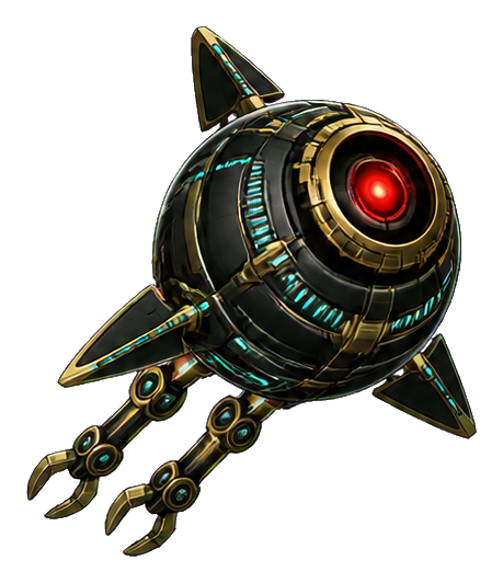 Futuristic spherical robot dart with glowing red center and metal fins