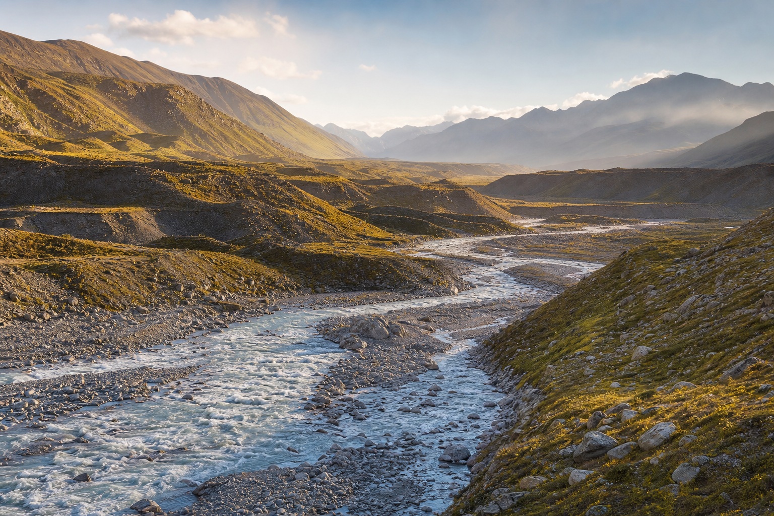 Sunlit glacial river winding through a mountain valley with layered moraine ridges.