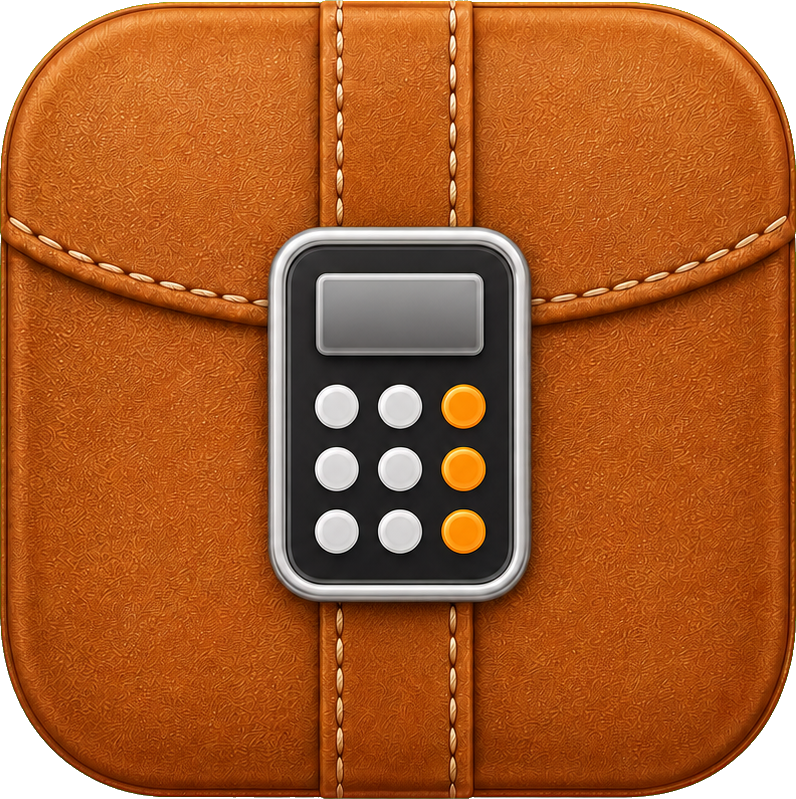 Brown leather calculator app icon with a caramel-colored background and rounded square shape