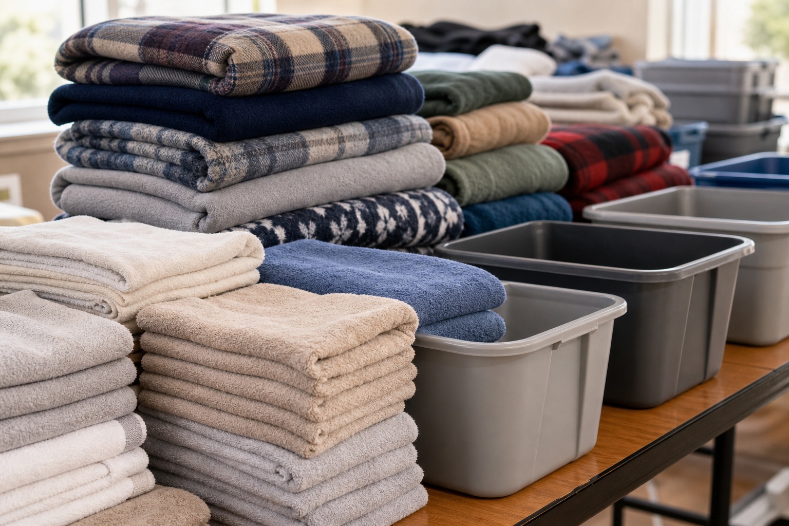 Stacks of folded towels and blankets beside plastic storage bins on a table.