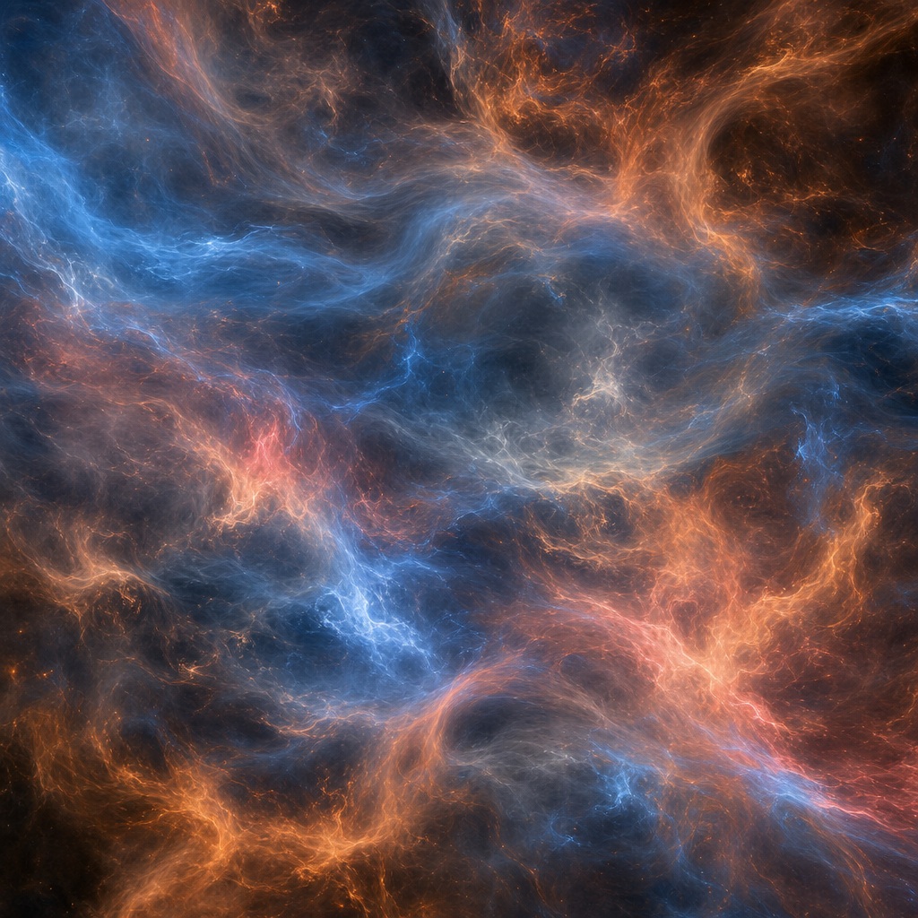 Copper and blue plasma light streaks forming a charged abstract energy background