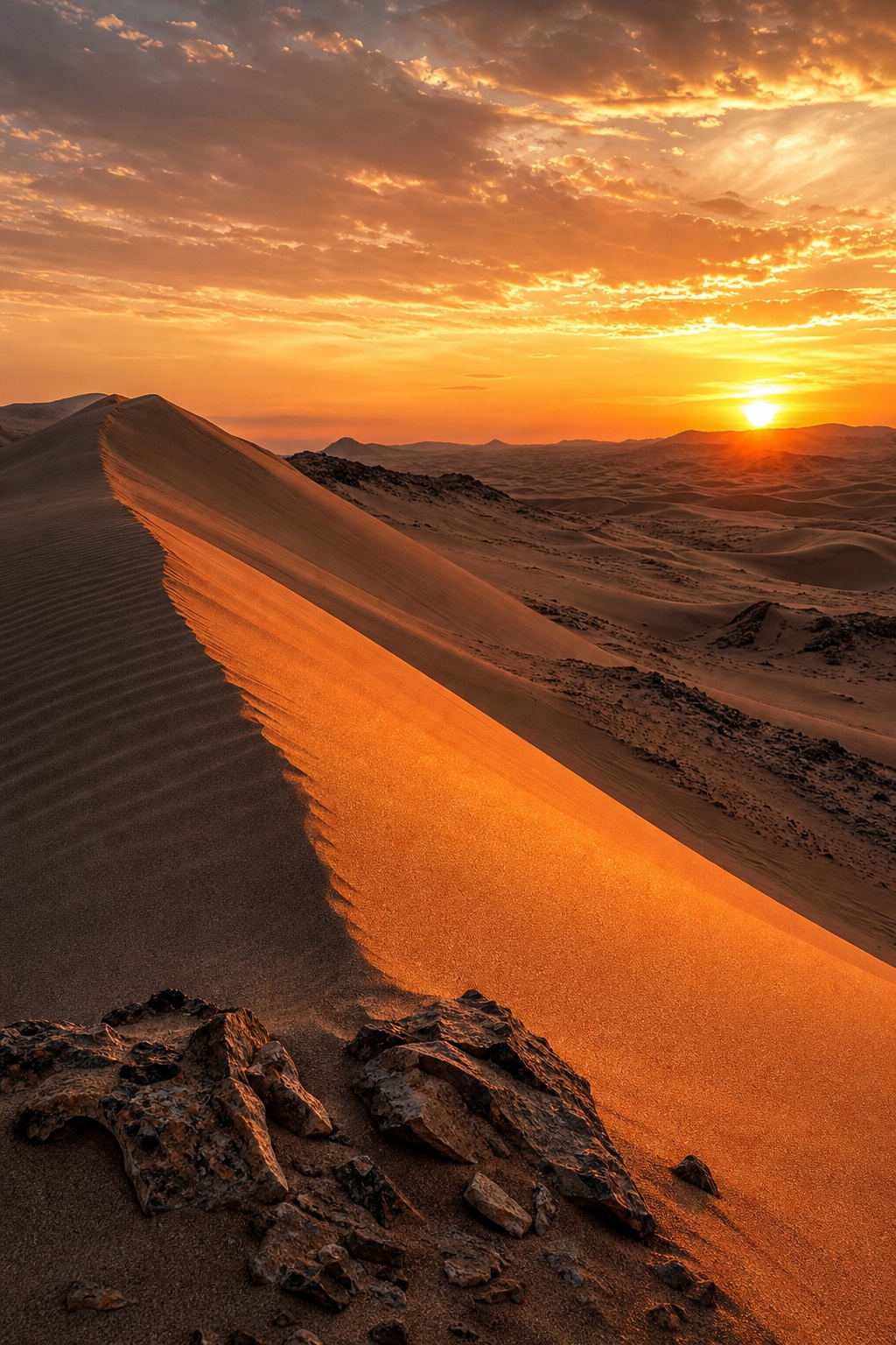 Sunlit desert dunes at sunset with glowing orange sky and rocky foreground