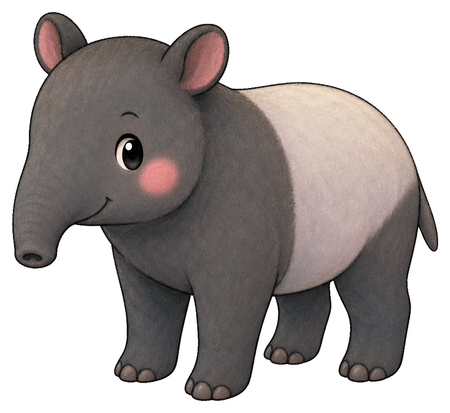 Cute pastel tapir sticker with a rounded gray body and rosy cheeks.