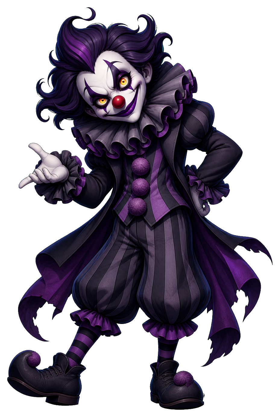 Purple and black clown with a sinister face and outstretched hand