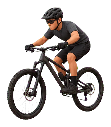 A mountain bike rider in black gear jumping on a mountain bike.