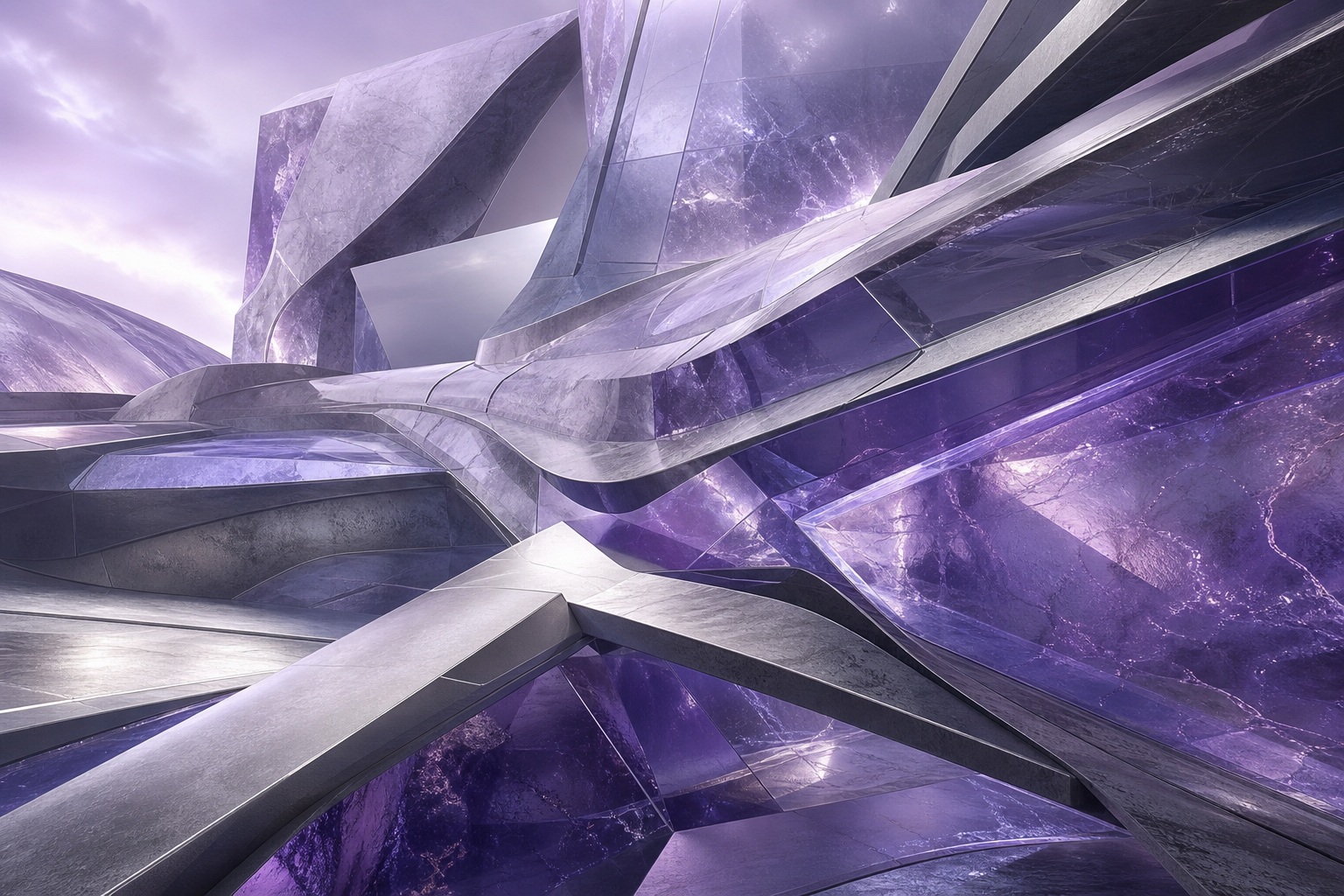 Abstract violet chrome architectural forms with sharp mineral glass volumes and metallic reflections
