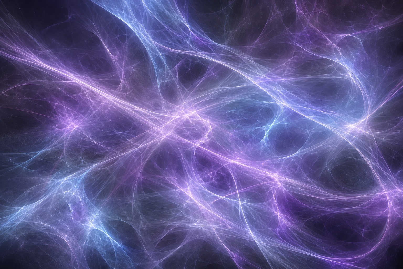 Abstract violet and blue plasma light filaments crossing over a dark background