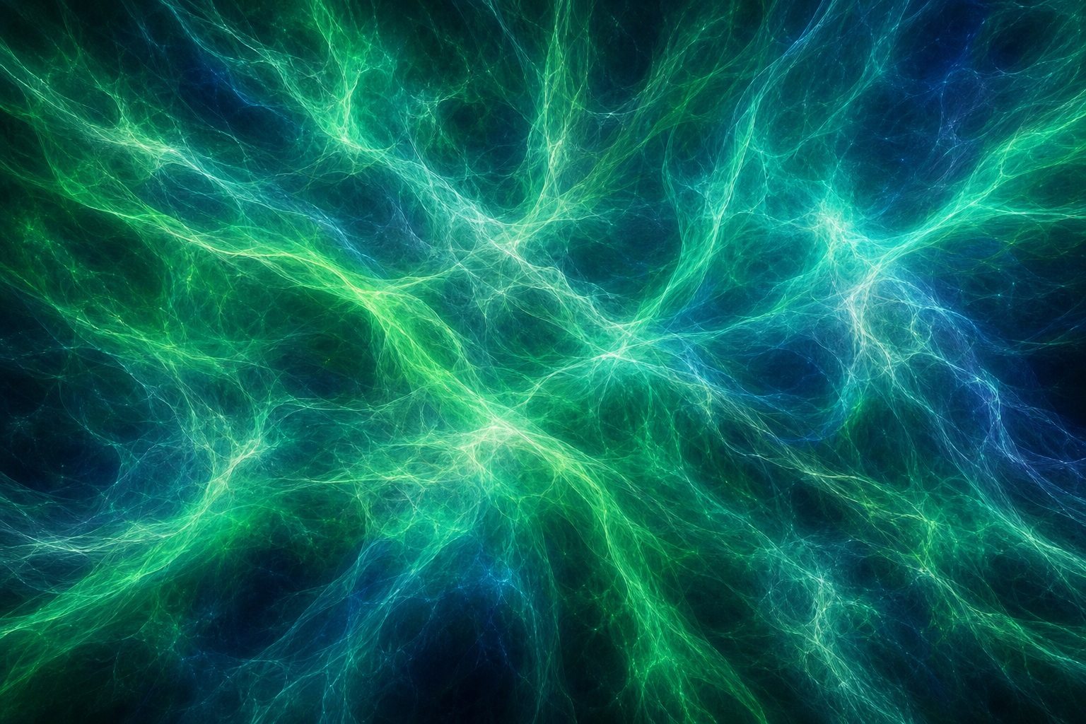 Abstract green and blue plasma-like energy filaments crossing on a dark background