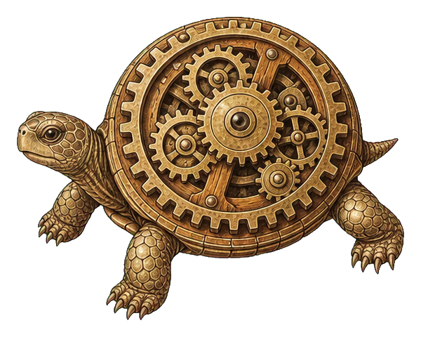 A turtle with a circular shell made of interlocking gears