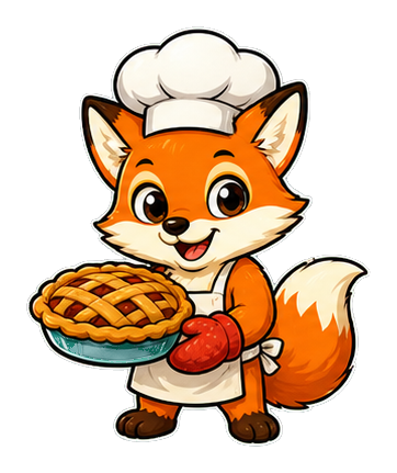 Smiling cartoon fox wearing a chef hat and apron and holding a pie.