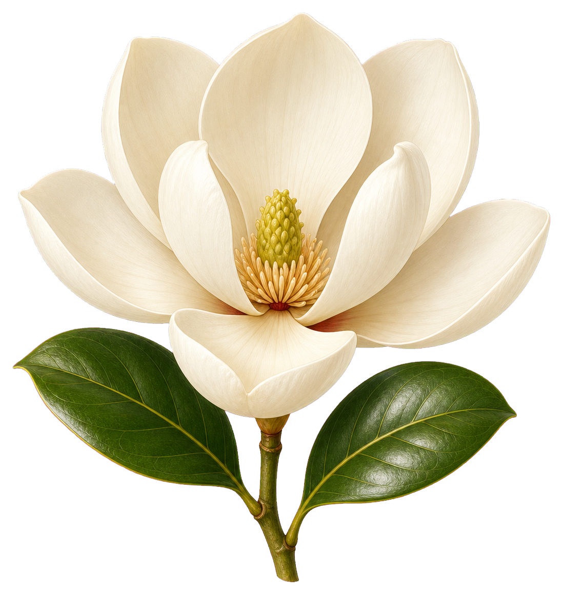 White magnolia bloom with green leaves and a stem