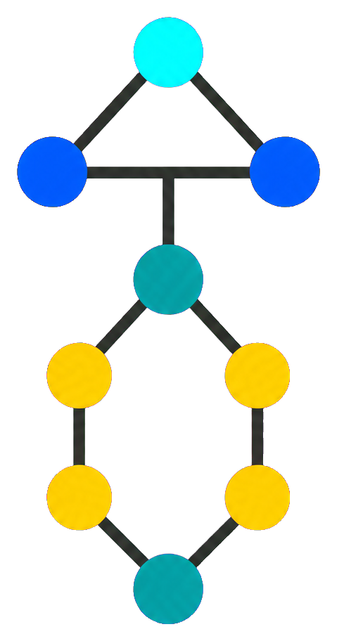 Connected colored circles forming a market network diagram on a black background